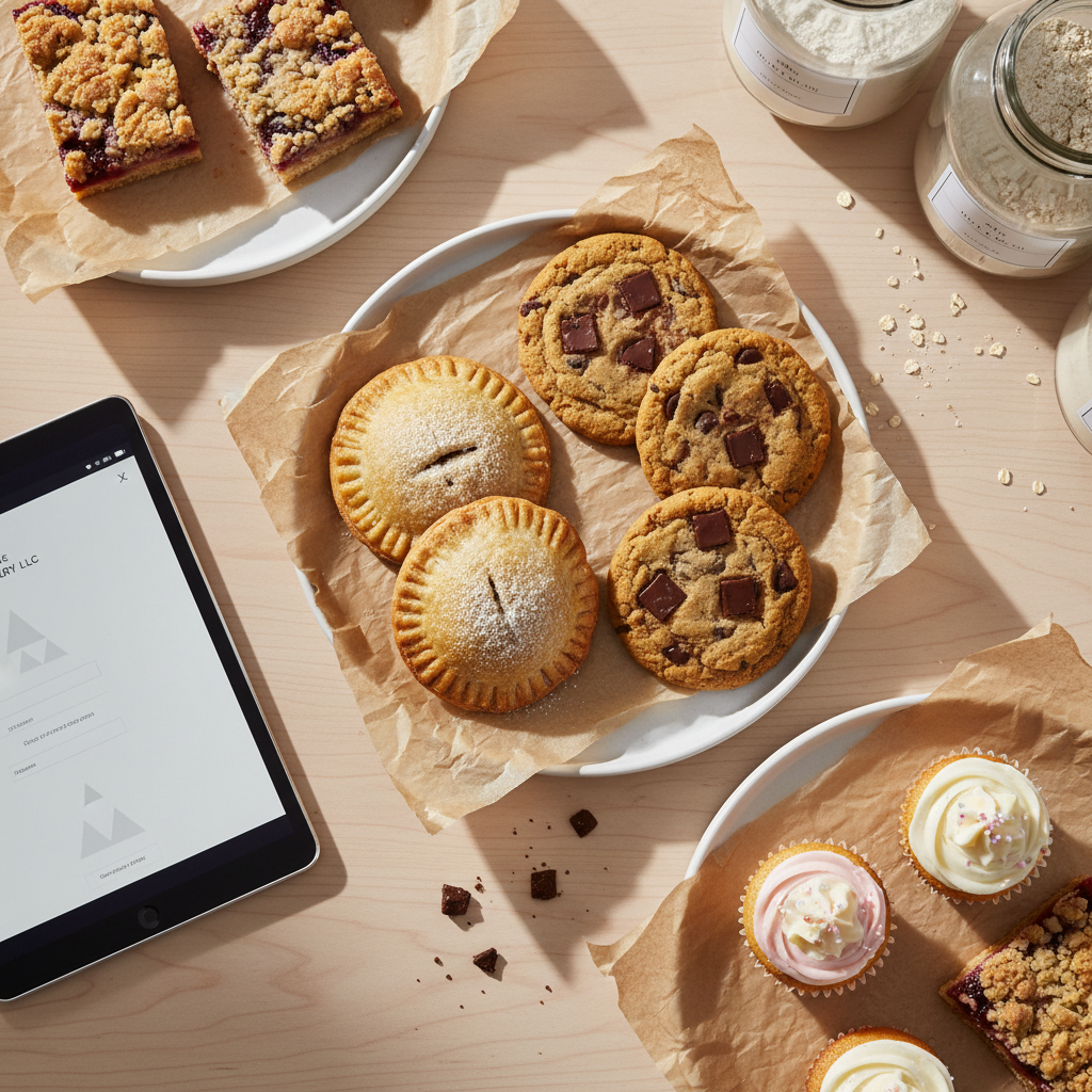 An overhead, flat-lay composition of assorted gluten-free treats from The Pakery LLC arranged on parchment-lined baking sheets and simple ceramic plates. There are hand pies with crimped edges, chewy cookies with visible chocolate chunks, fruit bars with crumbly streusel topping, and mini cupcakes with swirls of frosting. Each item is perfectly finished, with subtle crumbs and flakes hinting at texture. Along the edge of the frame, clean labeled storage jars and a digital tablet showing a minimal order form layout suggest easy online ordering and contact options, without readable text. Soft diffused daylight from the side creates even illumination, minimal shadows, and a calm, organized, professional mood in photographic realism.
