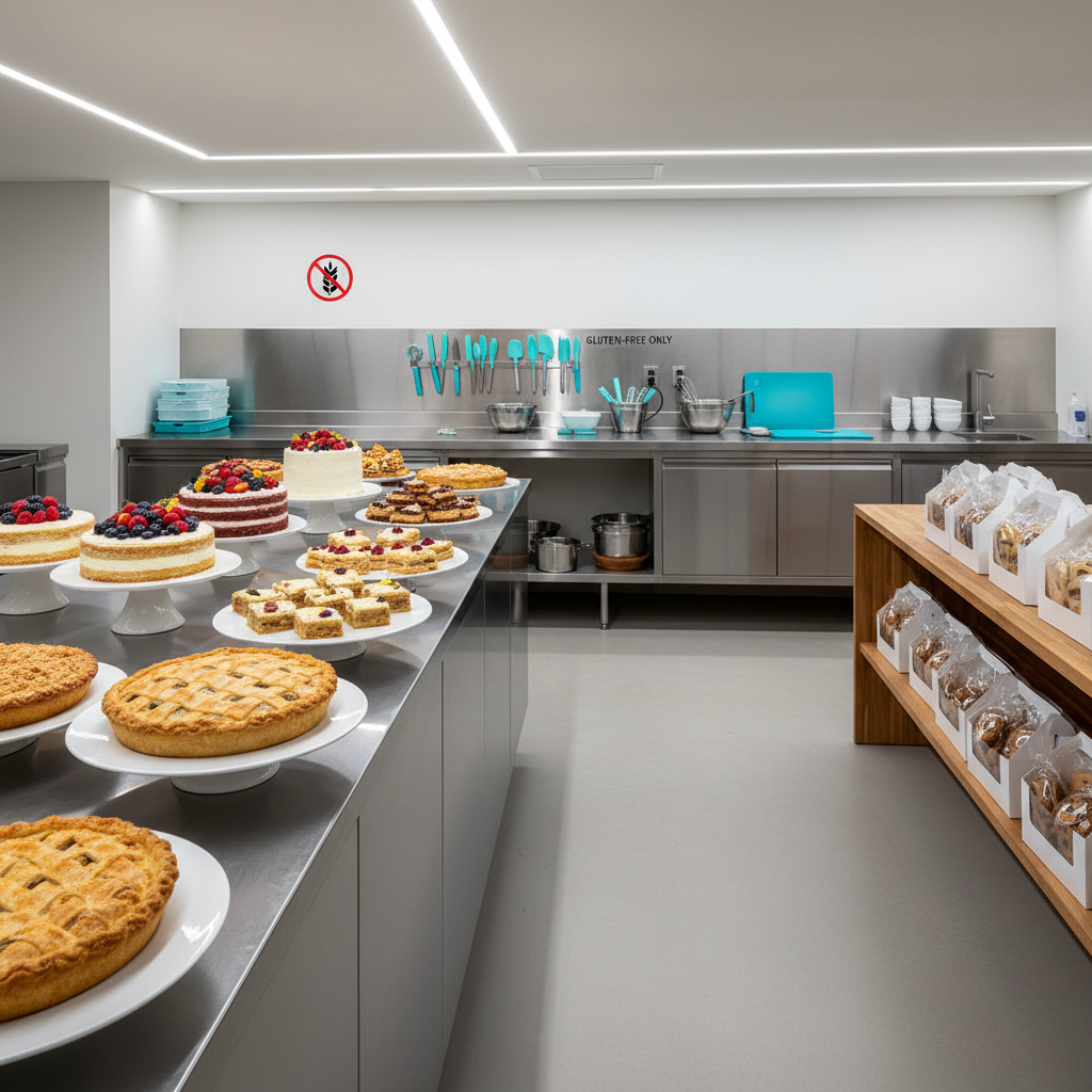 A clean, modern stainless-steel prep counter in a dedicated gluten-free home bakery, covered with finished pies, cakes, and bars arranged on white platters. In the midground, a clearly separated "gluten-free only" workstation is represented visually by color-coded utensils, silicone mats, and a small icon-style sign without text, reinforcing strict no cross-contamination protocols. Accessible details such as a wide, uncluttered pathway and a low, easy-reach shelf with boxed treats subtly suggest ADA-conscious design. Soft overhead and side lighting provide even, shadow-free illumination, emphasizing cleanliness and professionalism. Photographic realism, shot from a slightly elevated angle with sharp focus throughout, creating an atmosphere of trust, safety, and meticulous care.