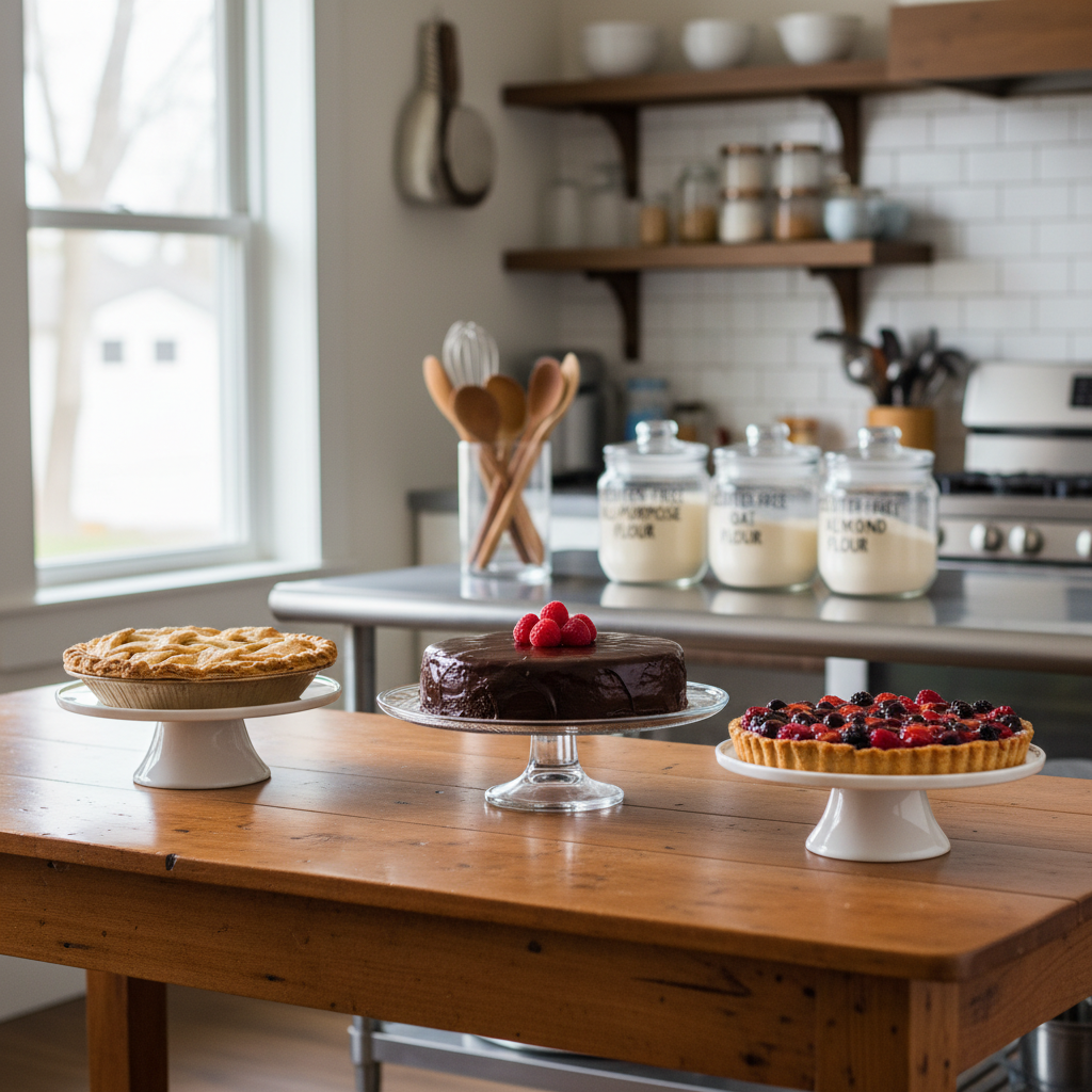 A polished wooden farmhouse table in a cozy home kitchen in South Saint Paul, Minnesota, topped with an assortment of finished gluten-free pies and cakes. A golden-brown lattice-topped apple pie, a smooth chocolate ganache cake, and a vibrant mixed-berry tart sit on simple white cake stands and glass plates. In the background, clearly separated labeled containers of gluten-free flours and utensils rest on a dedicated prep counter, subtly emphasizing no cross-contamination. Soft morning light from a nearby window creates gentle highlights on glossy fruit and flaky crusts, with a shallow depth of field blurring the tidy kitchen beyond. Photographic realism, eye-level composition, calm and professional mood suitable for a homepage hero image.