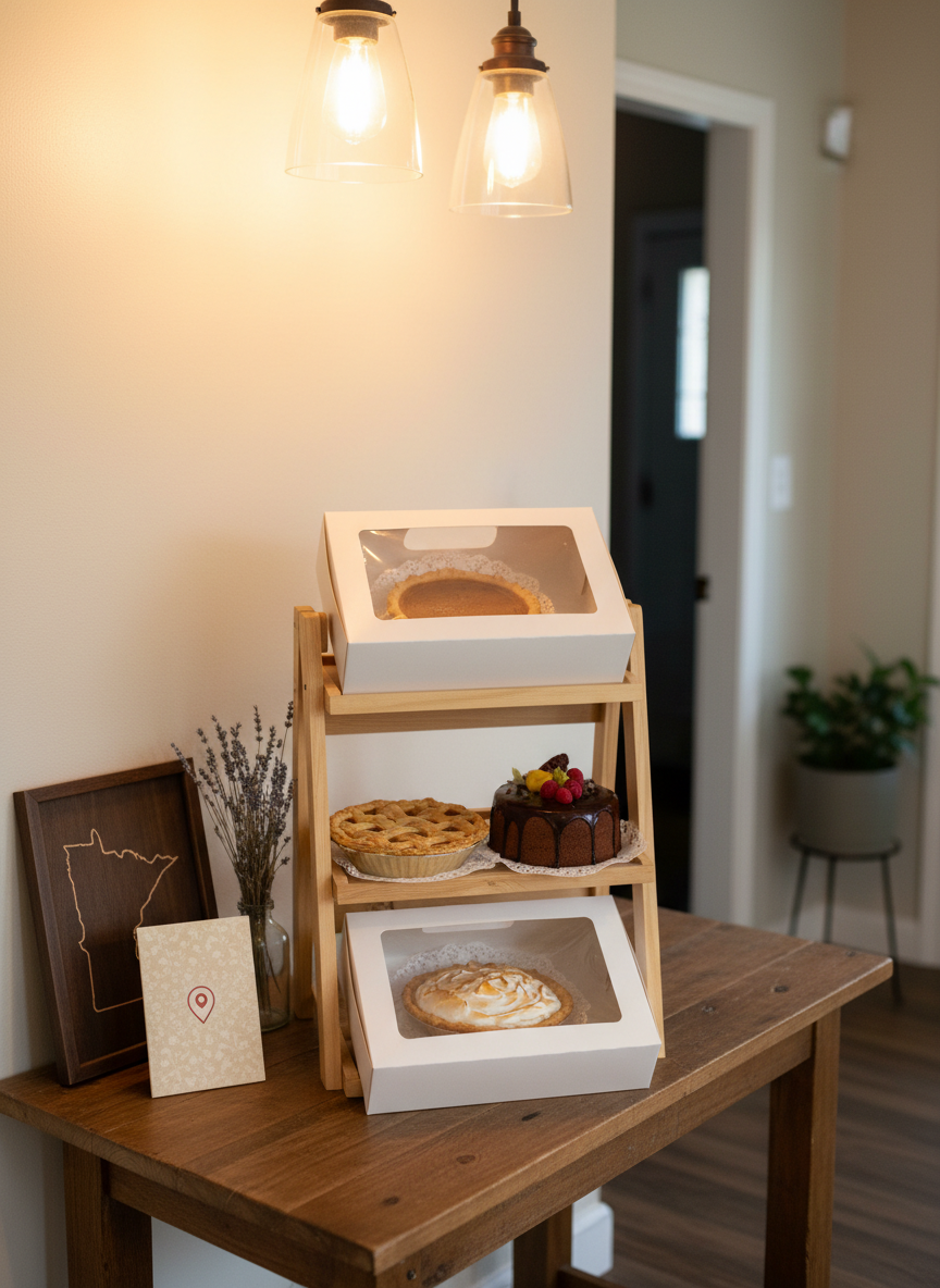 A warmly lit home bakery pickup area set near a front entry table in South Saint Paul, Minnesota, showing neatly packaged gluten-free pies and cakes ready for customers. Sturdy white bakery boxes with clear windows reveal beautifully finished desserts inside, each resting on a separate shelf of a small wooden rack. A simple framed map outline shape of Minnesota and a subtle location pin icon on a decorative card hint at local service and contact details without readable text. Soft pendant lighting casts gentle highlights on the box surfaces and wooden textures. Shot at eye-level with a moderate depth of field, the scene feels welcoming, organized, and professional, emphasizing safe, dedicated gluten-free handling.