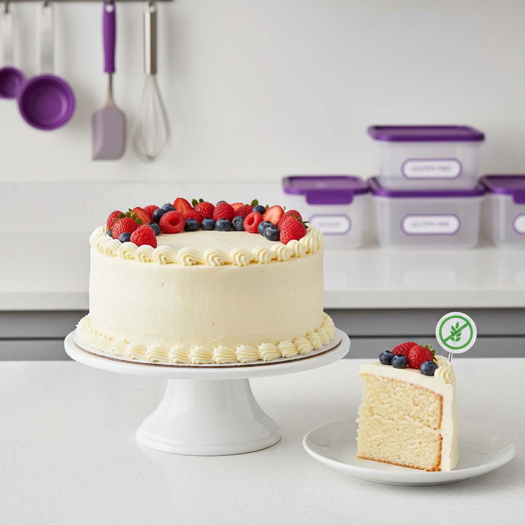 A close-up, slightly elevated shot of a beautifully frosted gluten-free celebration cake on a pristine white cake stand, positioned on a clean quartz countertop. The cake features smooth vanilla buttercream, delicate piped borders, and fresh berries arranged on top, with a small gluten-free symbol printed on a non-text label card beside it. In the soft studio-style lighting, subtle shadows emphasize the texture of the frosting and the moist crumb of a single slice on a matching plate. In the blurred background, separate color-coded tools and dedicated gluten-free storage containers quietly reinforce strict protocols and safety without distracting from the dessert. Photographic realism, bright and inviting, with a professional, modern bakery aesthetic.